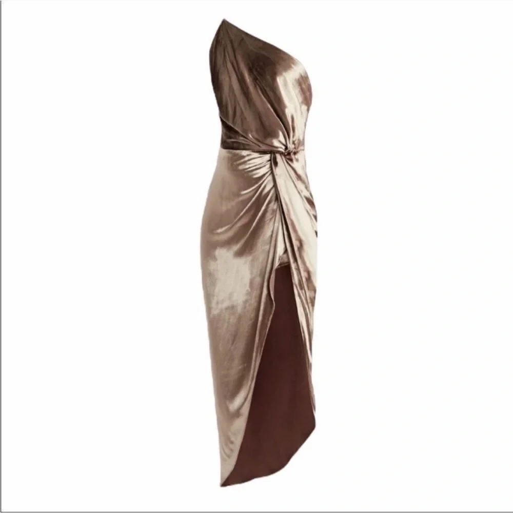 MICHELLE MASON Silk Velvet Asymmetrical One-Shoulder Midi Dress Gold 6 - Picture 3 of 16